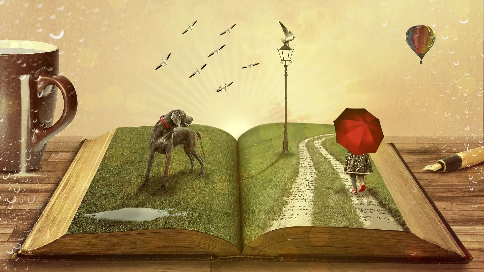 An illustration of an open book with the characters inside coming to life on the pages including a dog and person with red umbrella.