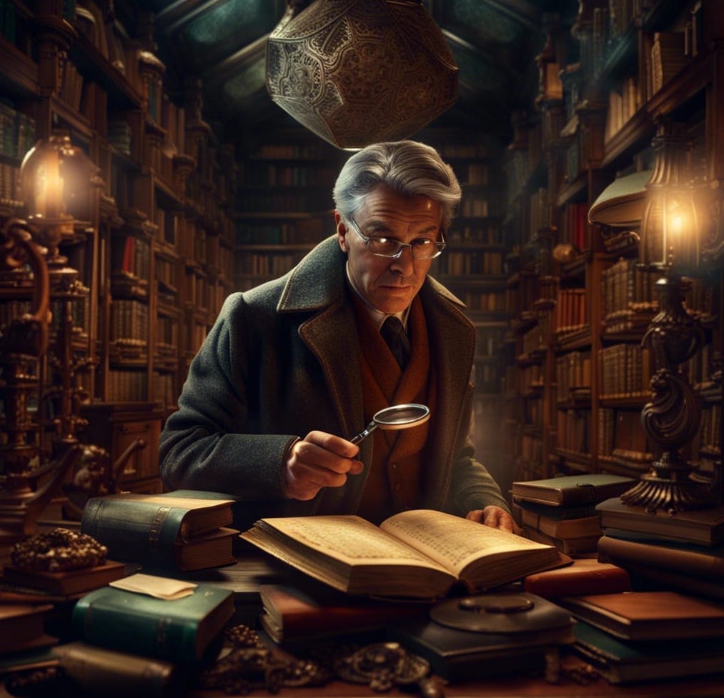 A detective reading in a library