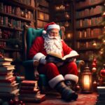 Santa sat in a chair reading while surrounded by books