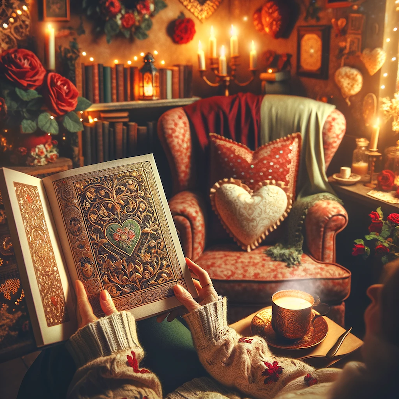An image of a woman sat in chair surrounded by romantic imagery. She is reading an assumed romance novel.