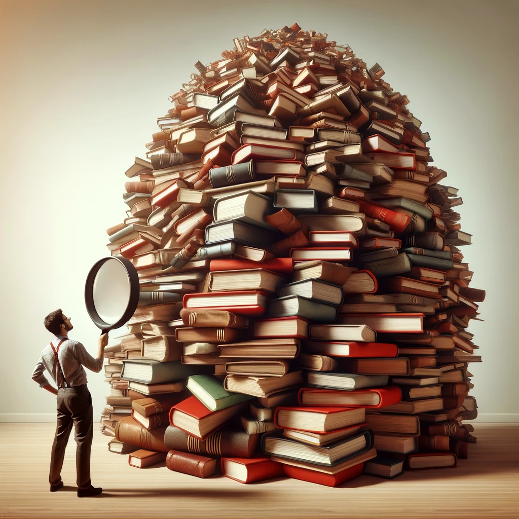 A man in standing next to a haystack of books holding a magnifying glass