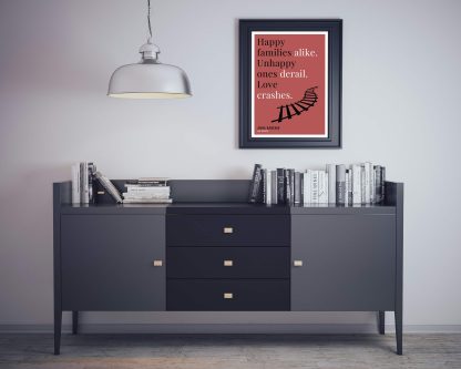 Humorous Anna Karenin print in black frame on wall, with black sideboard and books below. From Bookish Prints collection by StrangeBooks UK