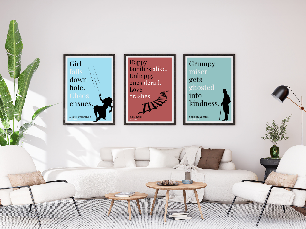 An image of three Bookish Prints displayed on a room wall above a white sofa.