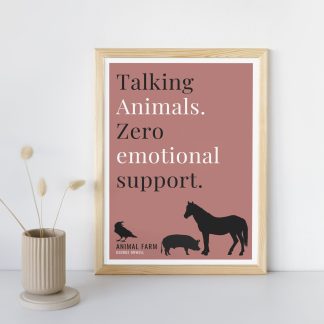 Humorous Animal Farm print in wooden frame, leaning against a plain wall. Small beige decoration nearby. From Bookish Prints collection by StrangeBooks UK