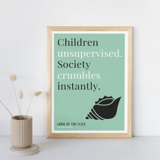 Humorous Lord of the Flies print in wooden frame, leaning against a plain wall. Small beige decoration nearby. From Bookish Prints collection by StrangeBooks UK