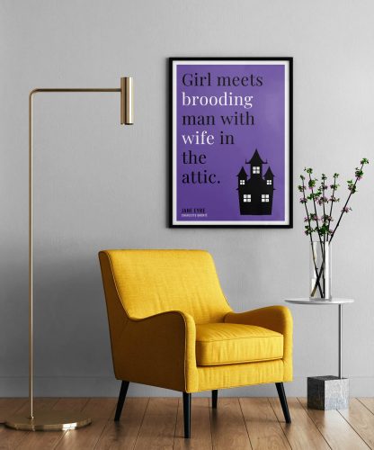 Humorous Jane Eyre print in black frame on wall, with a yellow armchair in front next to a tall angular lamp and plant on a table. From Bookish Prints collection by StrangeBooks UK
