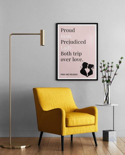 Humorous Pride and Prejudice print in black frame on wall, with a yellow armchair in front next to a tall angular lamp and plant on a table. From Bookish Prints collection by StrangeBooks UK