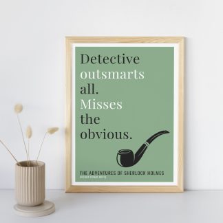 Humorous Adventures of Sherlock Holmes print in wooden frame, leaning against a plain wall. Small beige decoration nearby. From Bookish Prints collection by StrangeBooks UK
