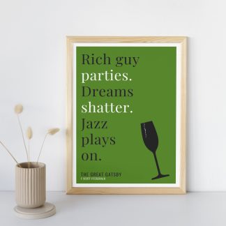 Humorous The Great Gatsby print in wooden frame, leaning against a plain wall. Small beige decoration nearby. From Bookish Prints collection by StrangeBooks UK