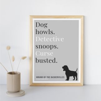 Humorous The Hound of the Baskervilles print in wooden frame, leaning against a plain wall. Small beige decoration nearby. From Bookish Prints collection by StrangeBooks UK
