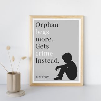 Humorous Oliver Twist print in wooden frame, leaning against a plain wall. Small beige decoration nearby. From Bookish Prints collection by StrangeBooks UK