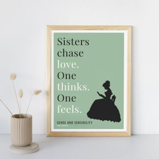 Humorous Sense and Sensibility print in wooden frame, leaning against a plain wall. Small beige decoration nearby. From Bookish Prints collection by StrangeBooks UK