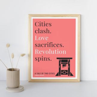 Humorous A Tale of Two Cities print in wooden frame, leaning against a plain wall. Small beige decoration nearby. From Bookish Prints collection by StrangeBooks UK