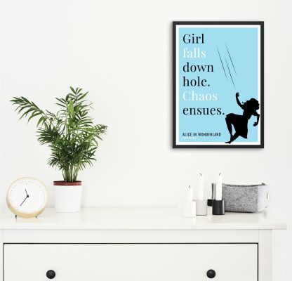 Humorous Alice in Wonderland print in black frame on wall, with white chest of drawers and plants and candles below. From Bookish Prints collection by StrangeBooks UK