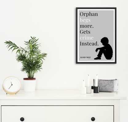 Humorous Oliver Twist print in black frame on wall, with white chest of drawers and plants and candles below. From Bookish Prints collection by StrangeBooks UK