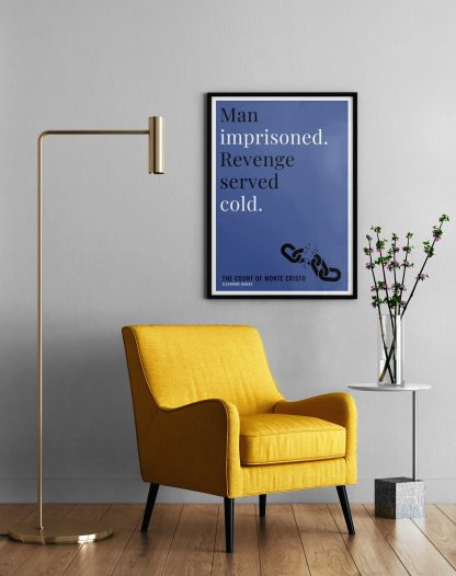 Humorous The Count of Monte Cristo print in black frame on wall, with a yellow armchair in front next to a tall angular lamp and plant on a table. From Bookish Prints collection by StrangeBooks UK