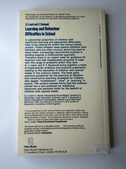 An image of the book Learning and Behaviour Difficulties in School by D J Leach and E C Raybould
