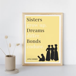 Humorous Little Women print in wooden frame, leaning against a plain wall. Small beige decoration nearby. From Bookish Prints collection by StrangeBooks UK