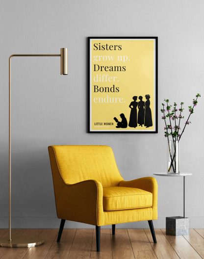 Humorous Little Women print in black frame on wall, with a yellow armchair in front next to a tall angular lamp and plant on a table. From Bookish Prints collection by StrangeBooks UK