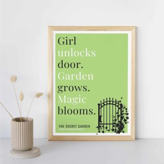 Humorous Secret Garden print in wooden frame, leaning against a plain wall. Small beige decoration nearby. From Bookish Prints collection by StrangeBooks UK